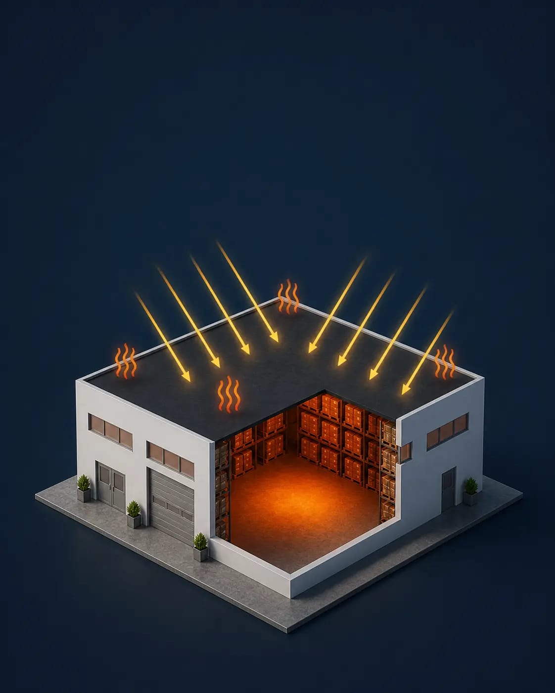 Bâtiment logistique avec toiture sombre qui absorbe le rayonnement solaire