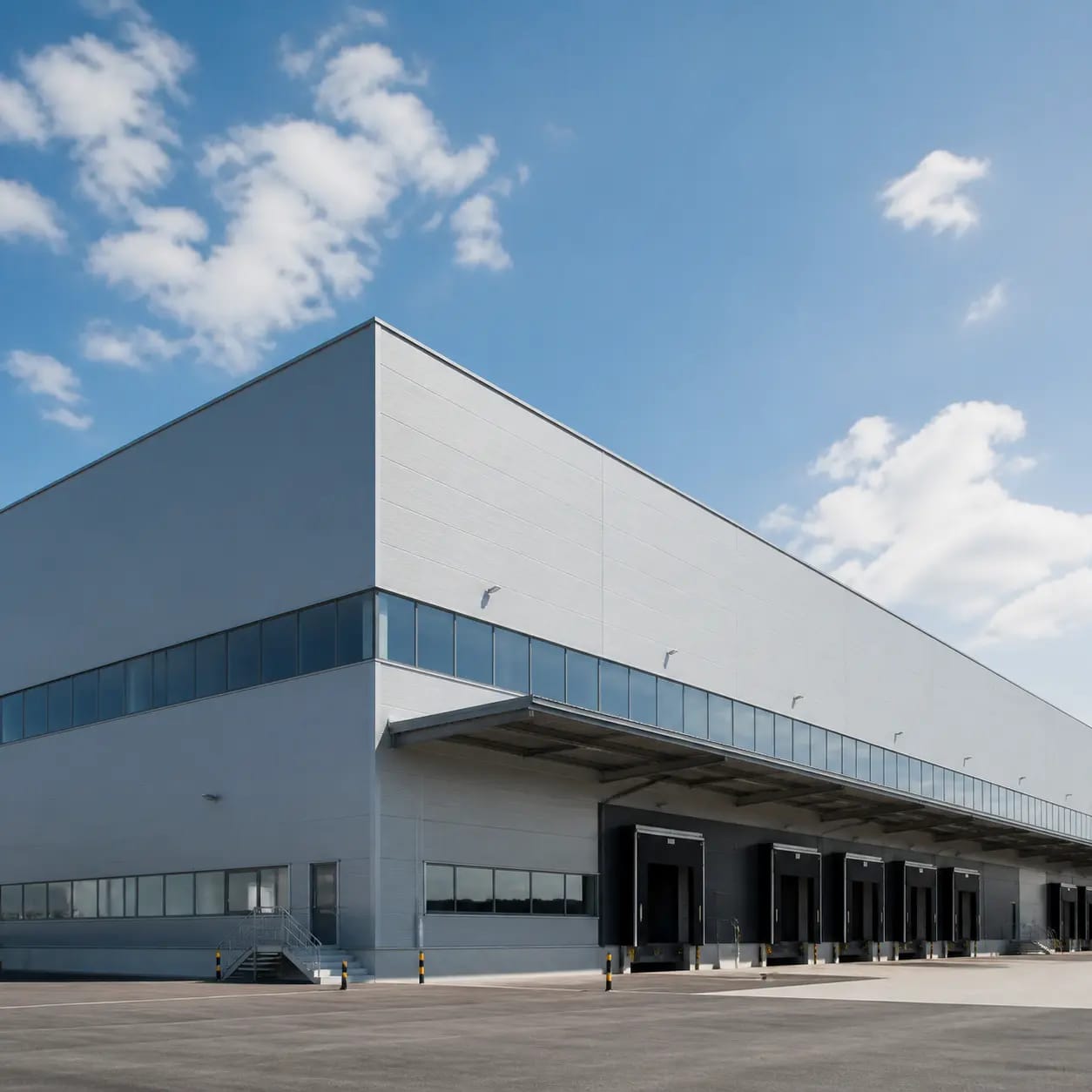 Façade et toiture d'un bâtiment logistique moderne soumis au soleil