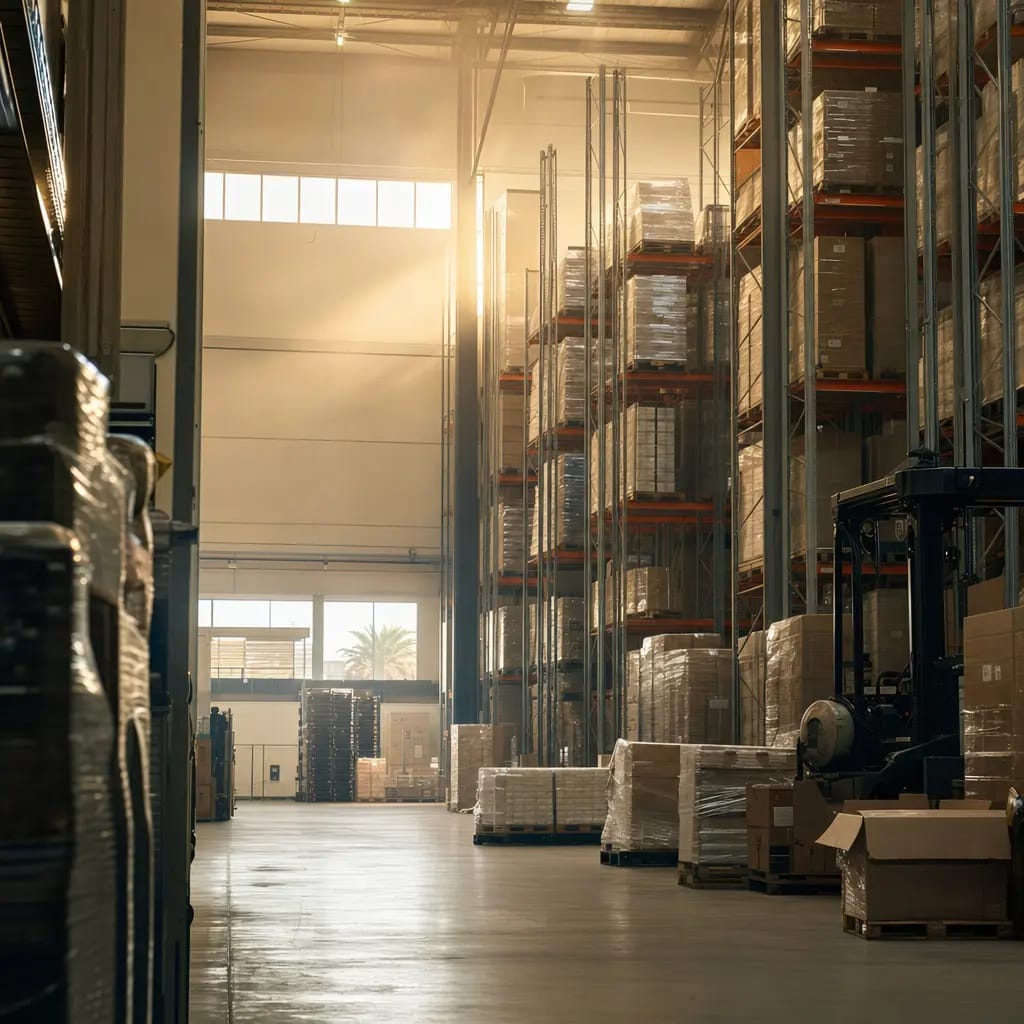 Allée d'entrepôt logistique exposée à une forte chaleur estivale