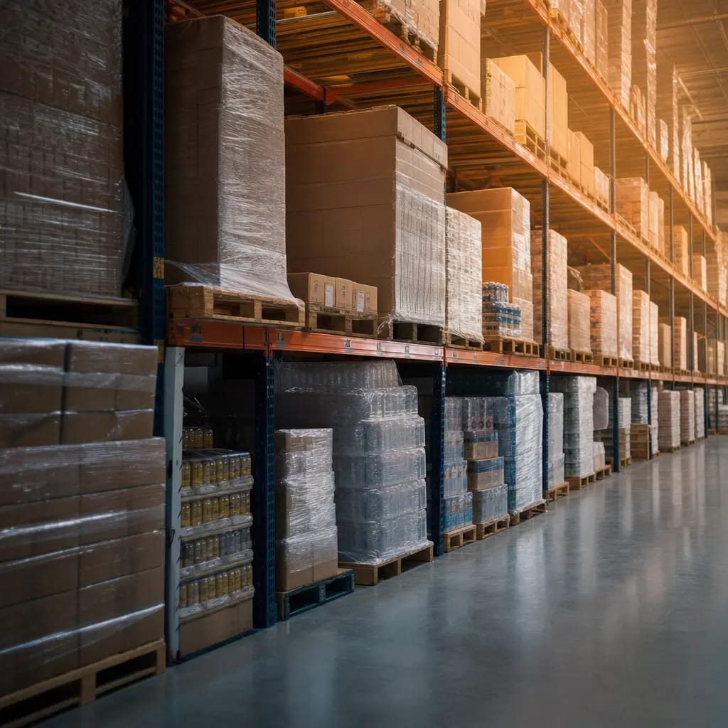 Palettes et marchandises stockées dans un entrepôt logistique