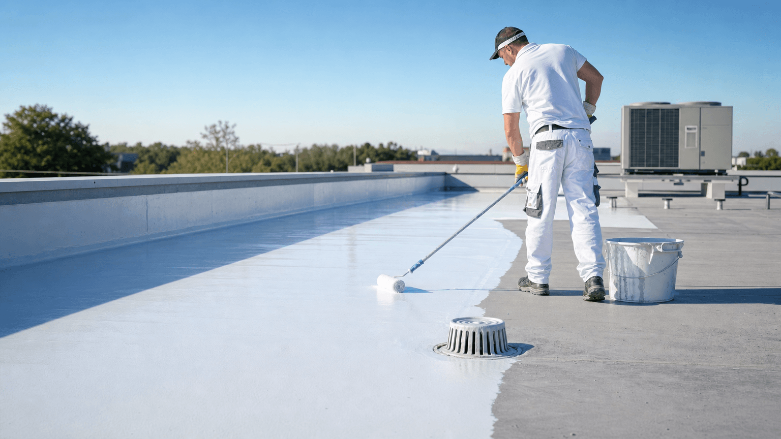 Application dun revêtement détanchéité blanc sur un toit-terrasse professionnel