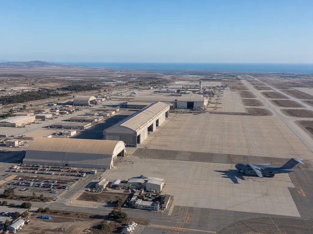 Vue aérienne d'une base aéronautique avec plusieurs hangars
