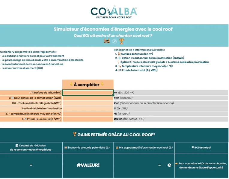 Aperçu du simulateur d'économies d'énergie cool roof Covalba