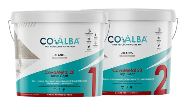 Système CovaMetal 20 : pots Base Coat et Top Coat, peinture cool roof bac acier Covalba